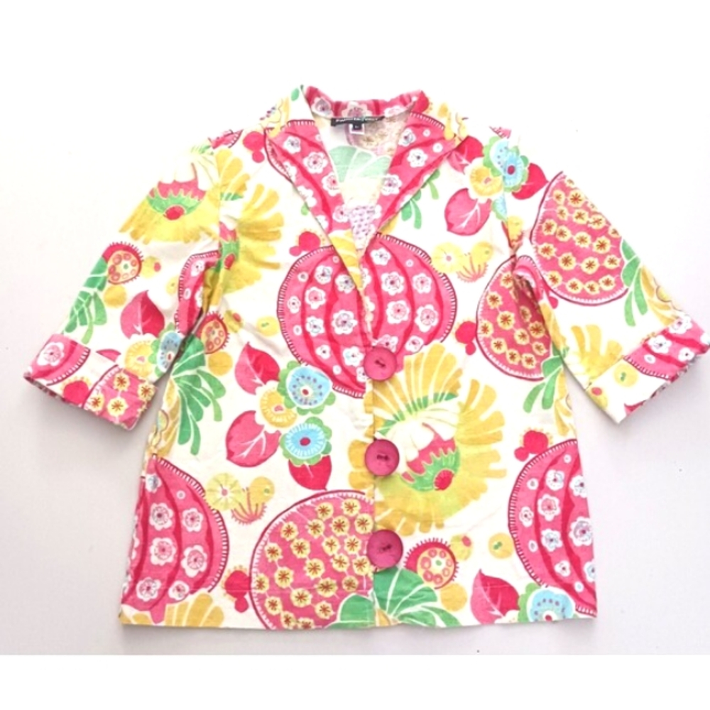 VTG Painted Pony Colorful Floral Print Cotton Jacket Oversized Buttons  USA Sz L